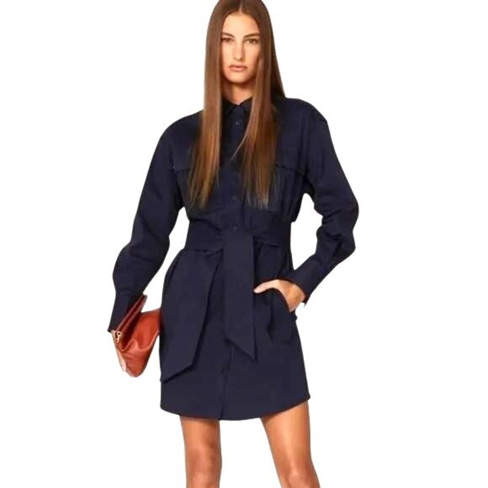 Marissa Webb Navy Blue Twill Button Down Belted Utility Shirt Dress Size 4
